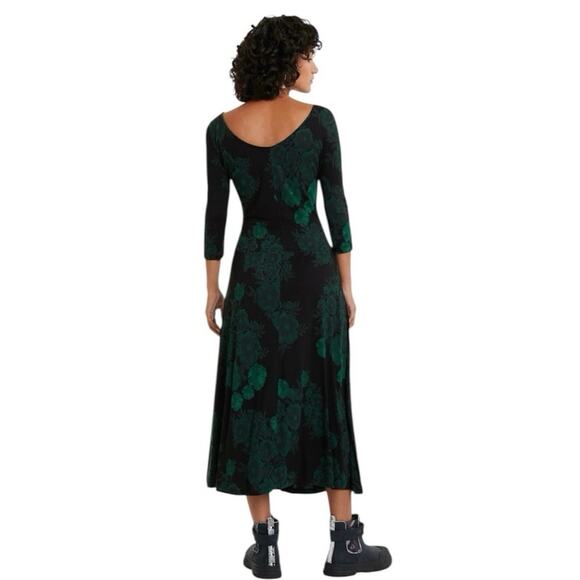 Desigual Size L Yess Midi Dress Floral Black Green Stretch - Picture 2 of 8